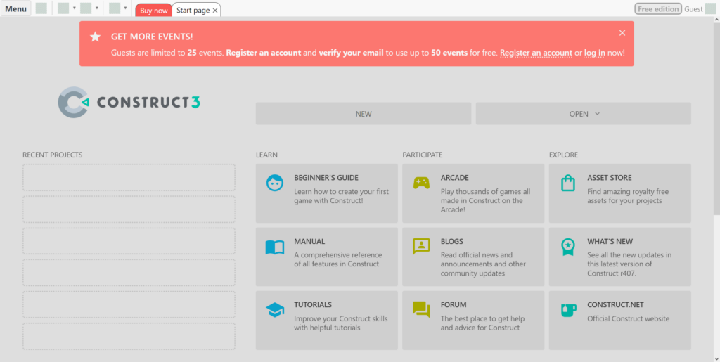 Construct 3 Main dashboard