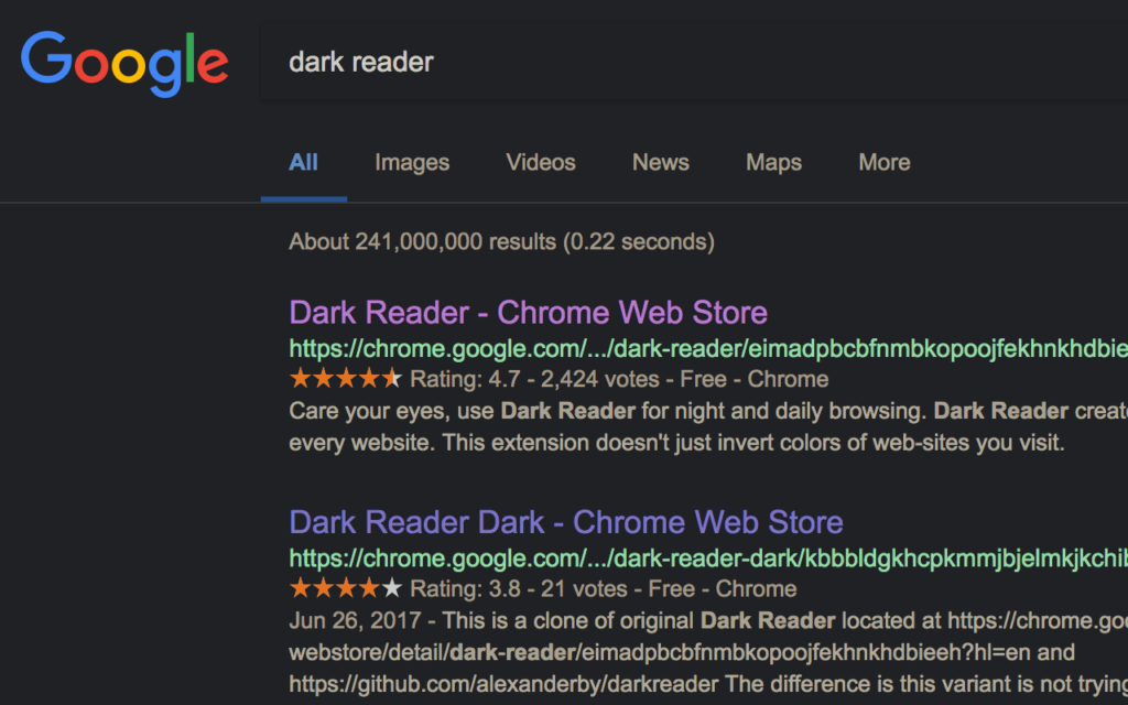 Dark Reader for Chrome Modified web page