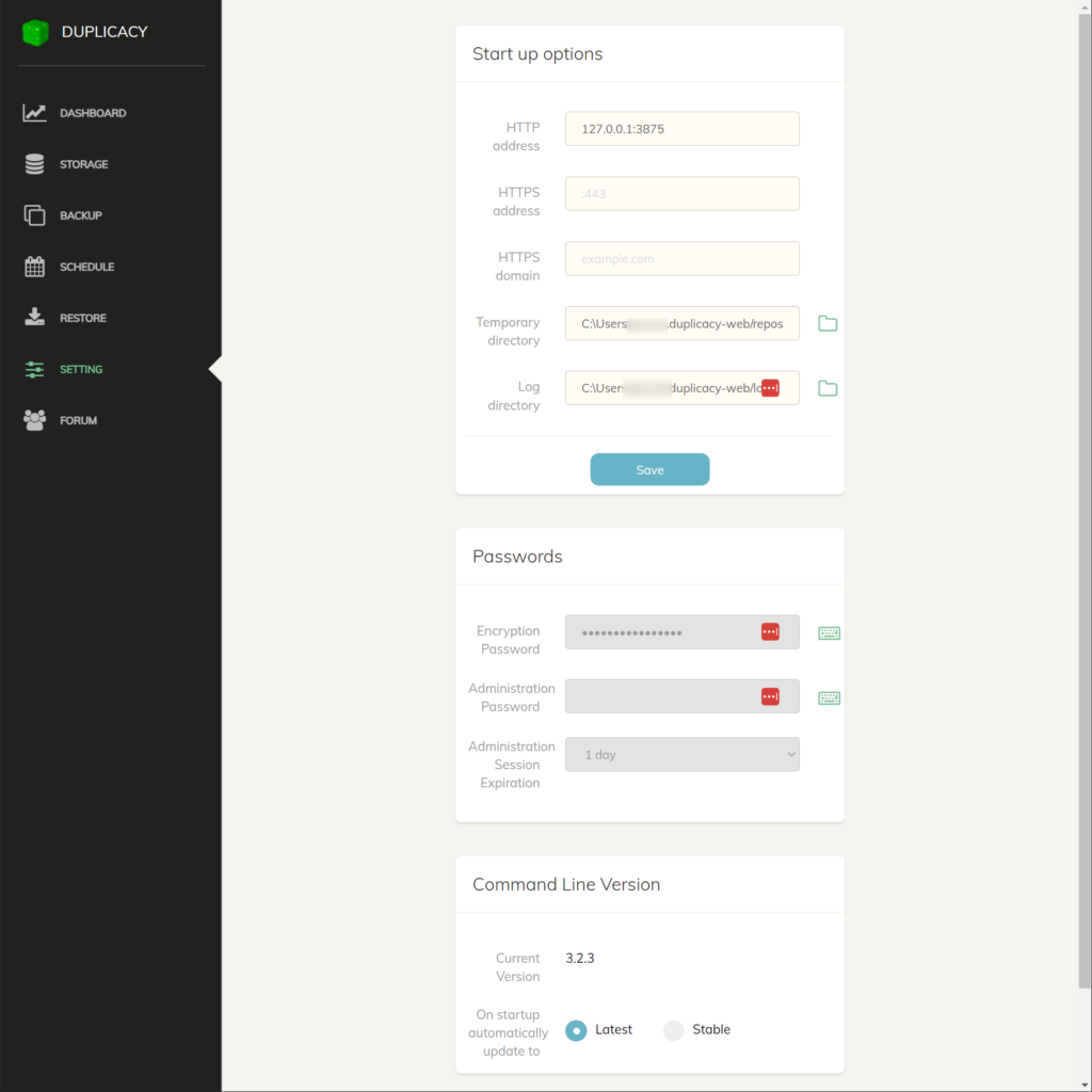 Duplicacy Account settings