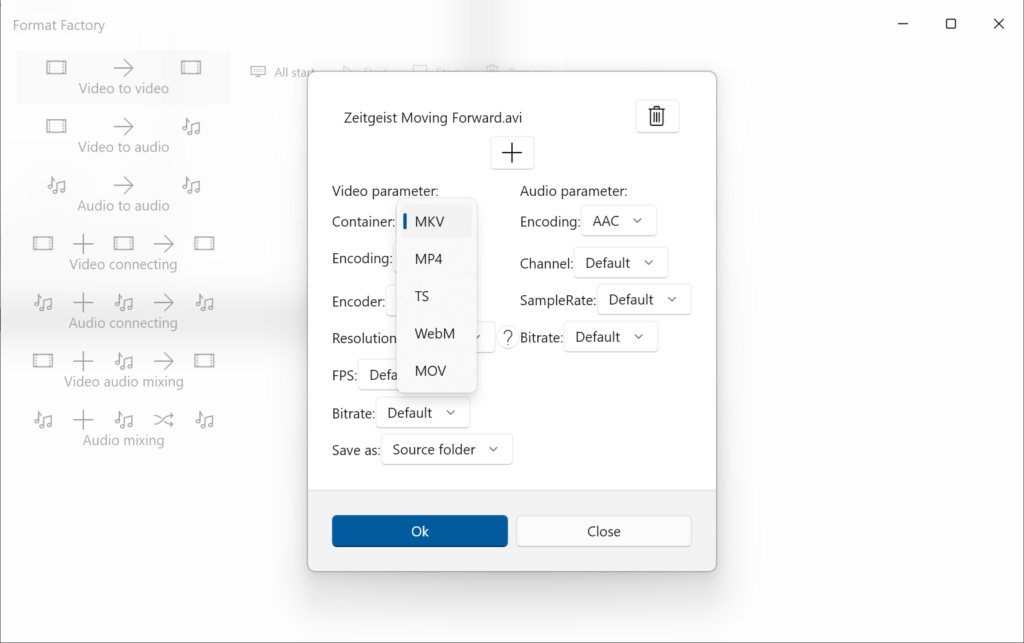 Format Factory Output container selection