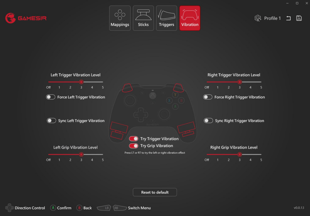 GameSir Nexus Vibration settings