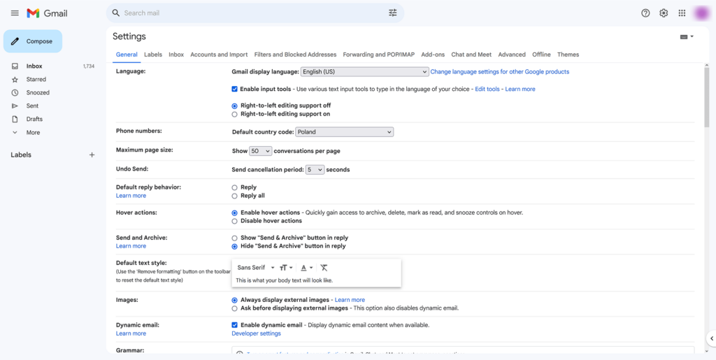 Gmail General settings