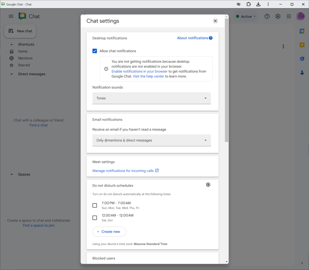 Google Chat General settings