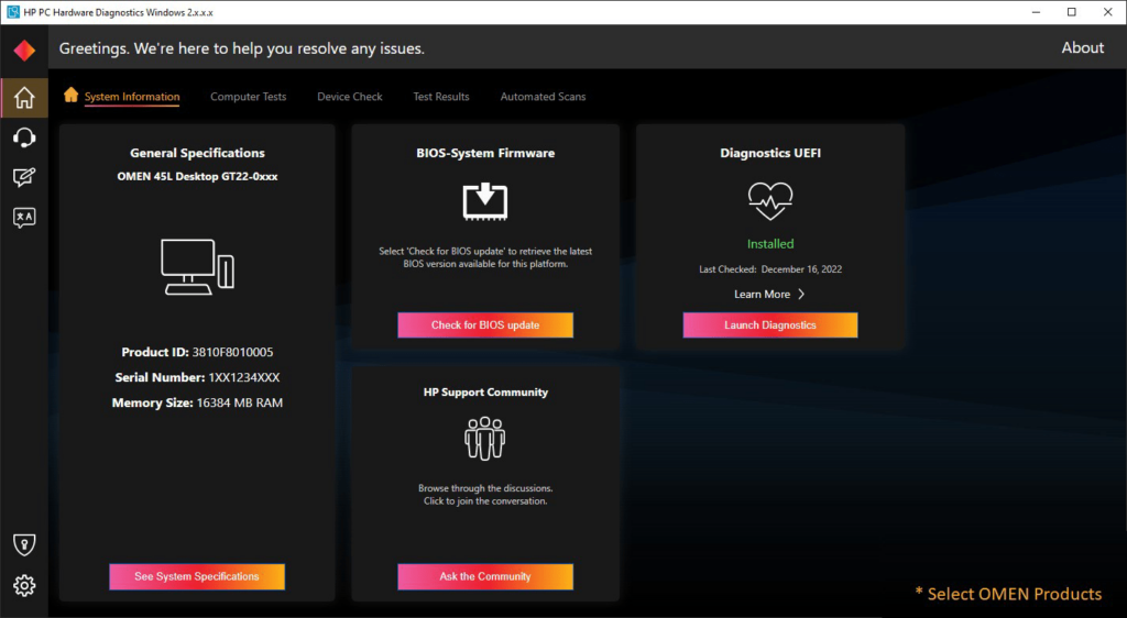 HP PC Hardware Diagnostics Dark interface theme