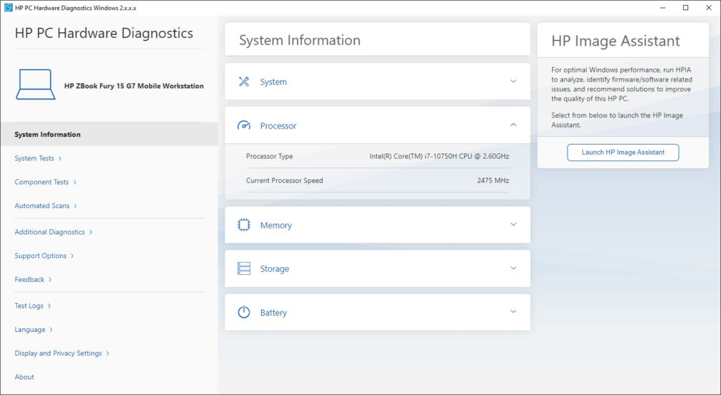 HP PC Hardware Diagnostics System details