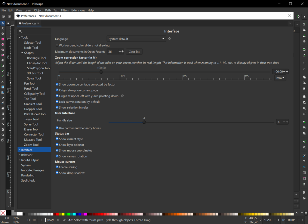 Inkscape Interface settings