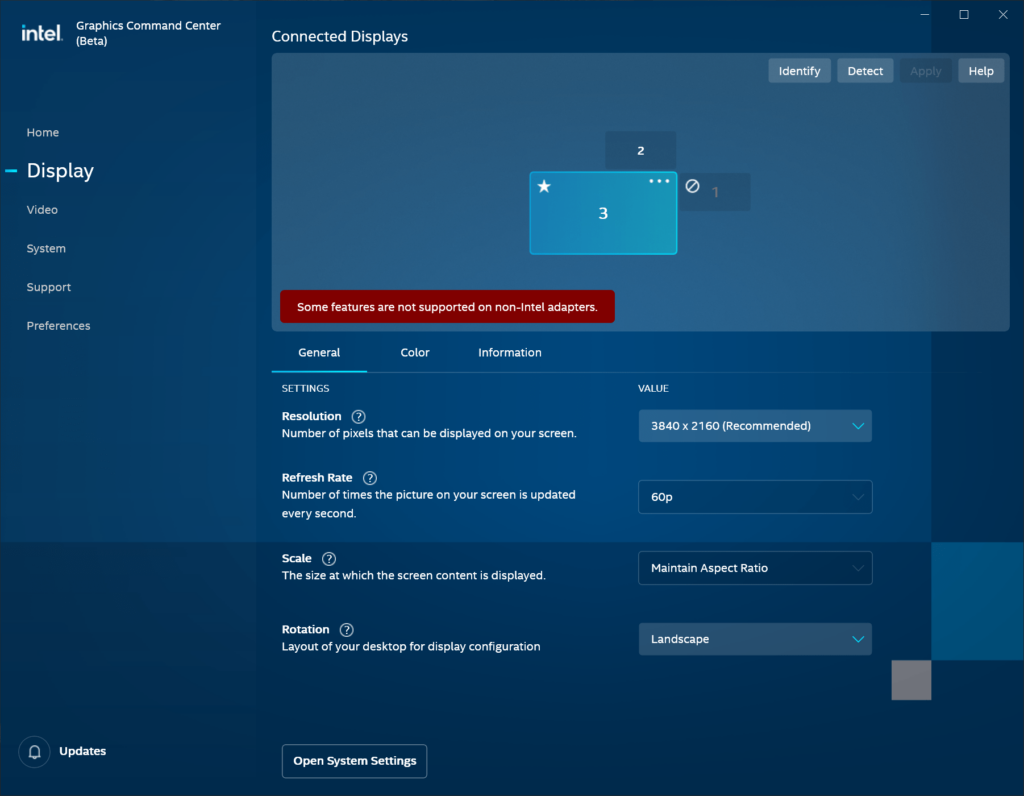 Intel Graphics Command Center Beta Display properties