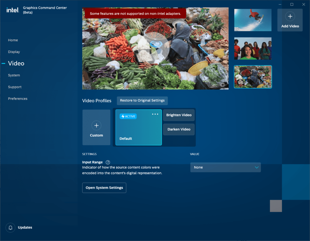 Intel Graphics Command Center Beta Video playback enhancements