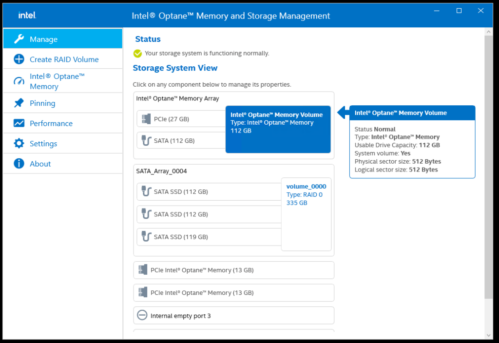 Intel Optane Detected storage devices