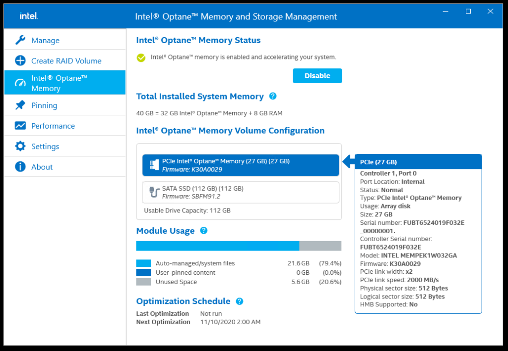 Intel Optane Drive information