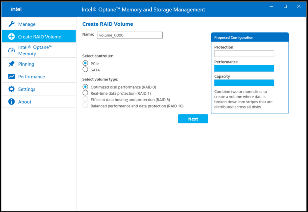 Intel Optane RAID volume creation