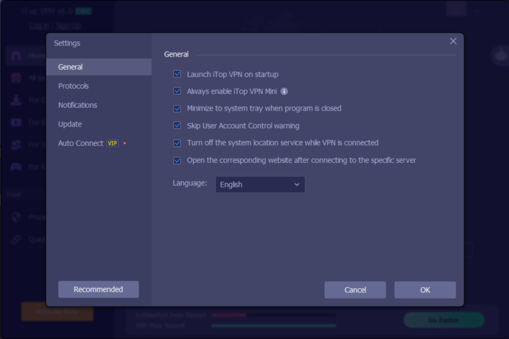 iTop VPN Program preferences