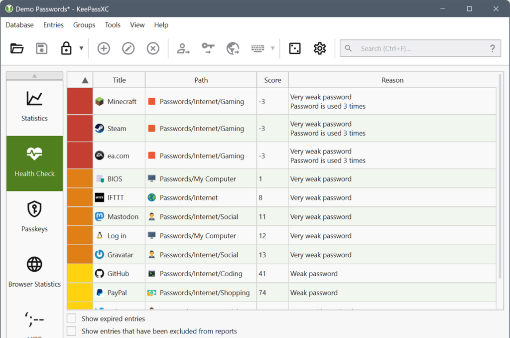 KeePassXC Password strength check