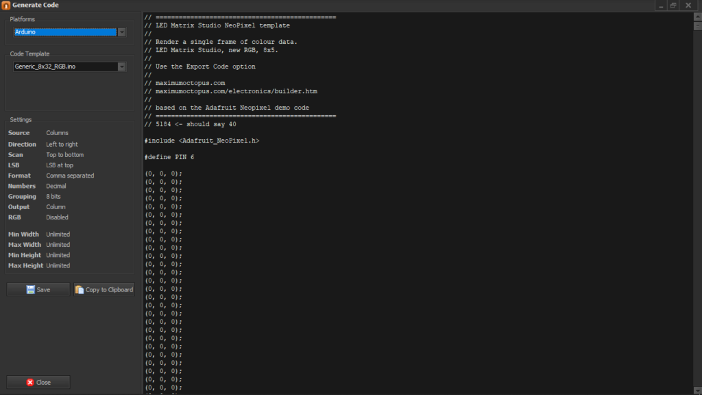 LED Matrix Studio Generate code