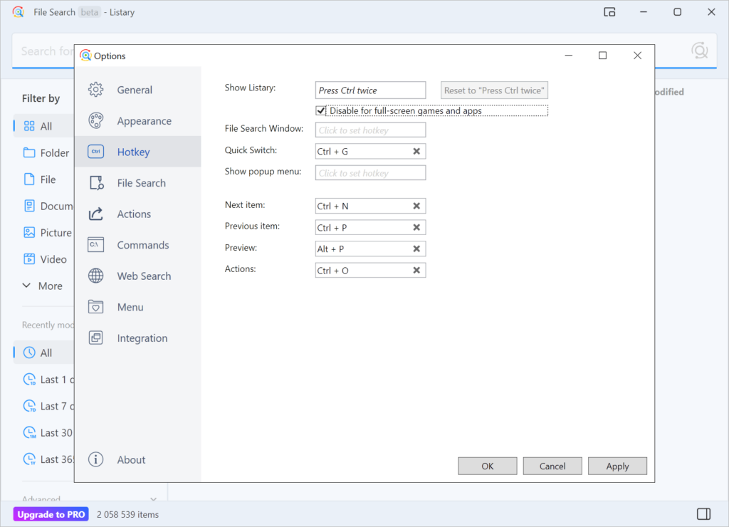 Listary Default hotkeys