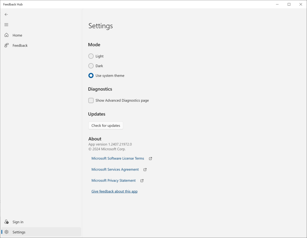 Microsoft Feedback Hub Interface settings