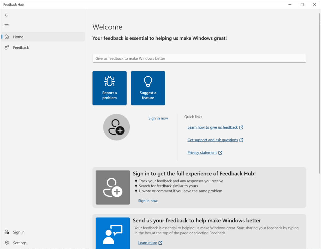 Microsoft Feedback Hub Welcome page