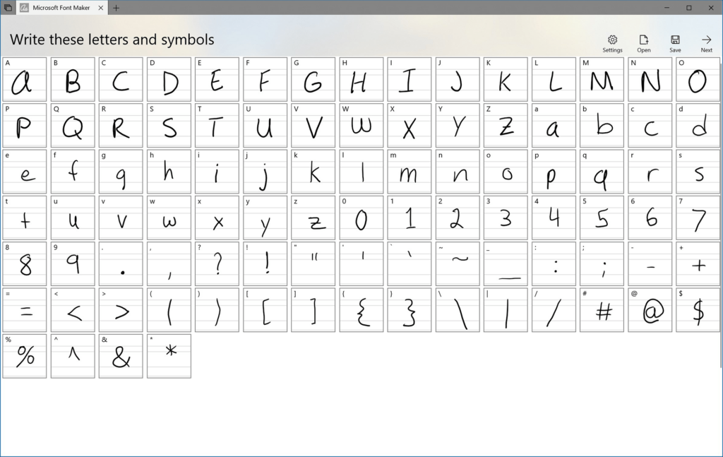 Microsoft Font Maker Character table