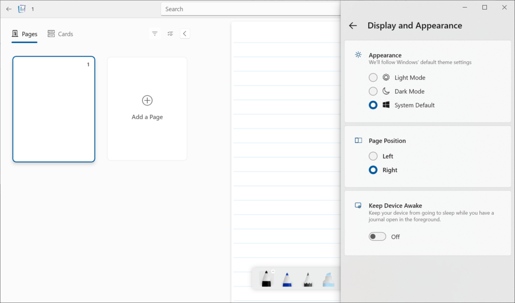 Microsoft Journal Display parameters