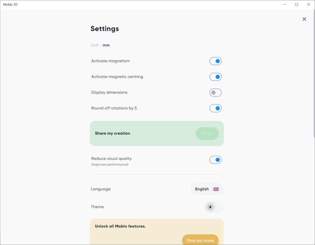 Moblo 3D Settings menu