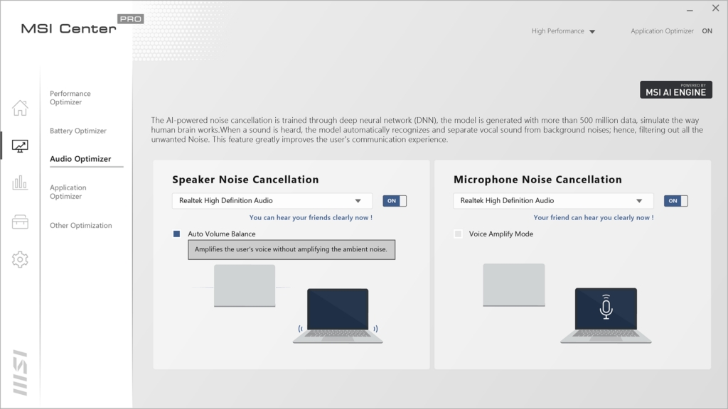 MSI Center Pro Noise cancellation settings