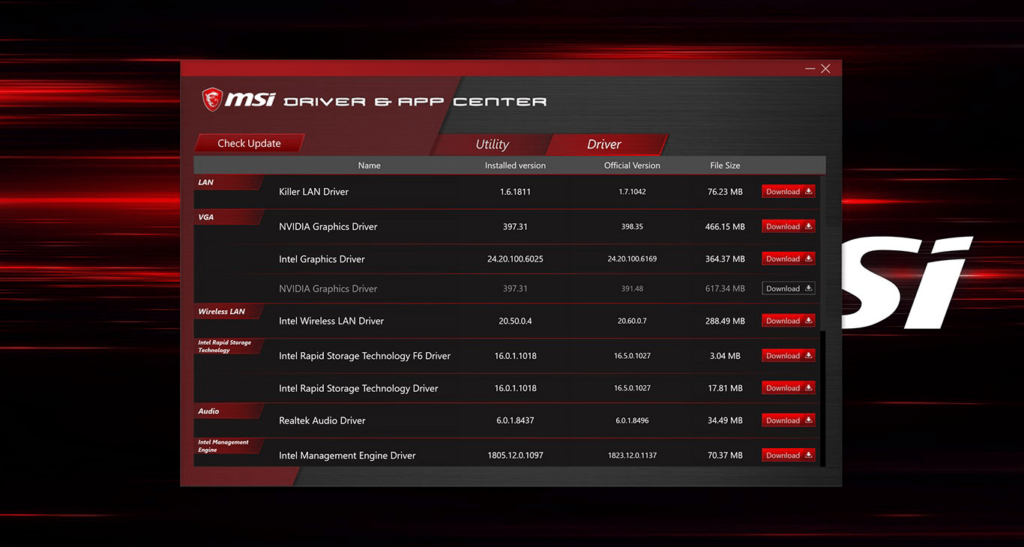 MSI Driver and App Center Available updates