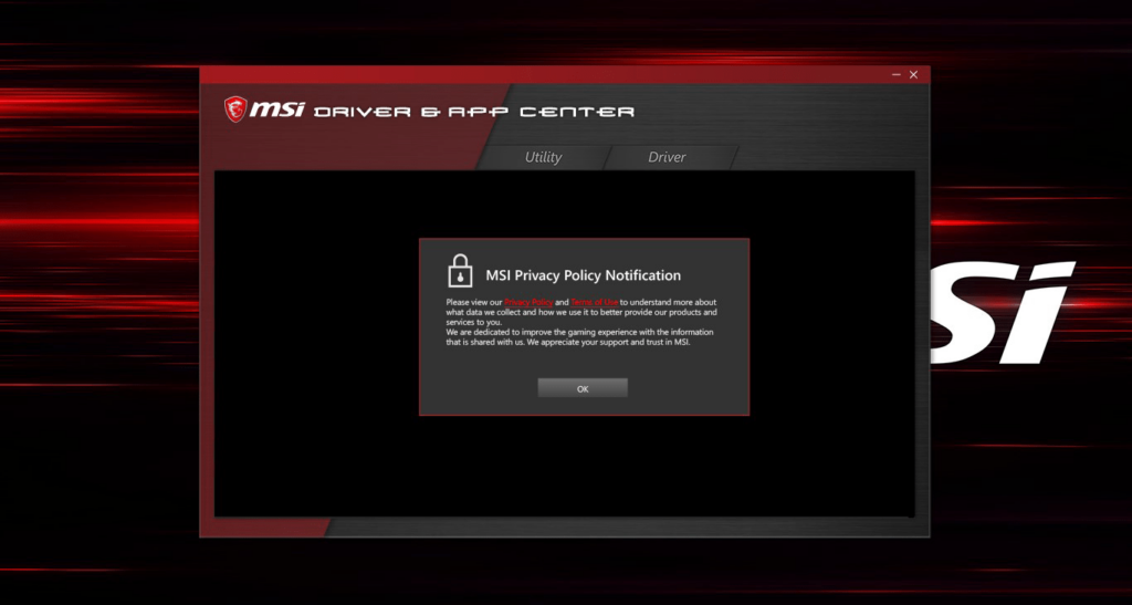 MSI Driver and App Center Privacy policy notification