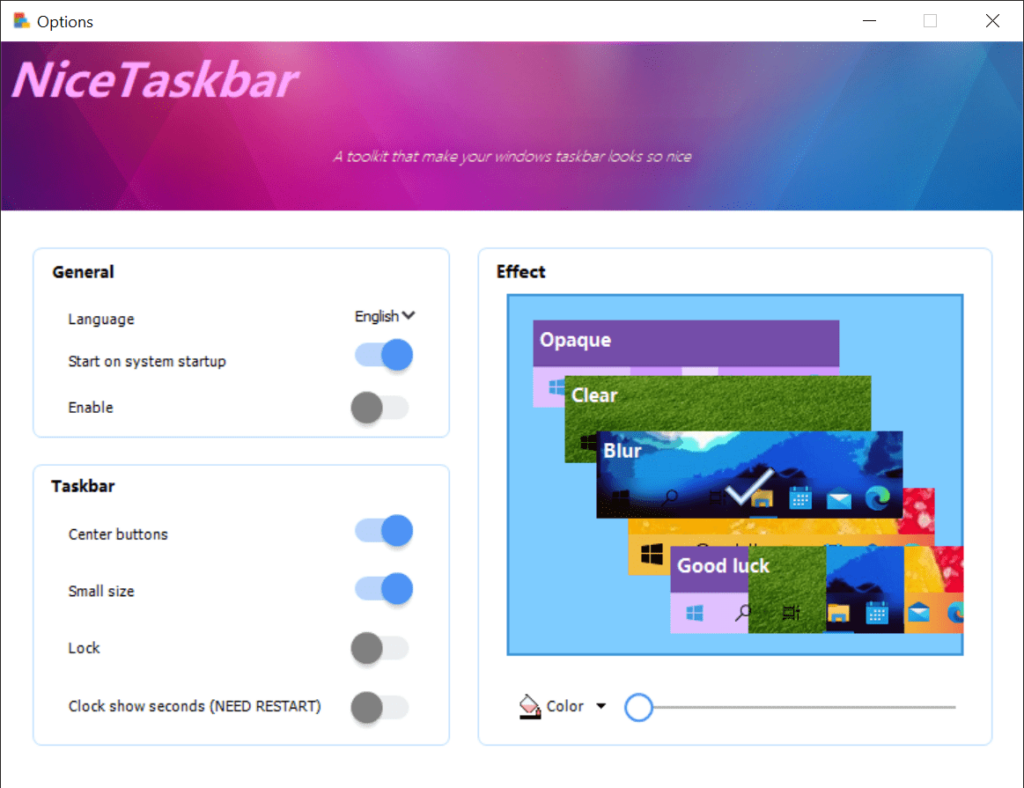 NiceTaskbar Settings menu