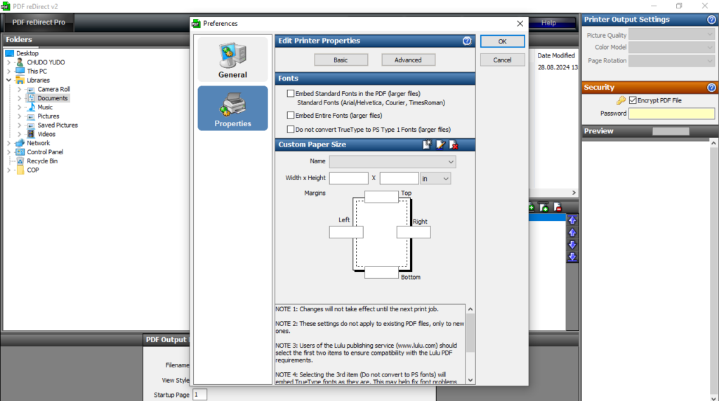 PDF reDirect Edit printer properties