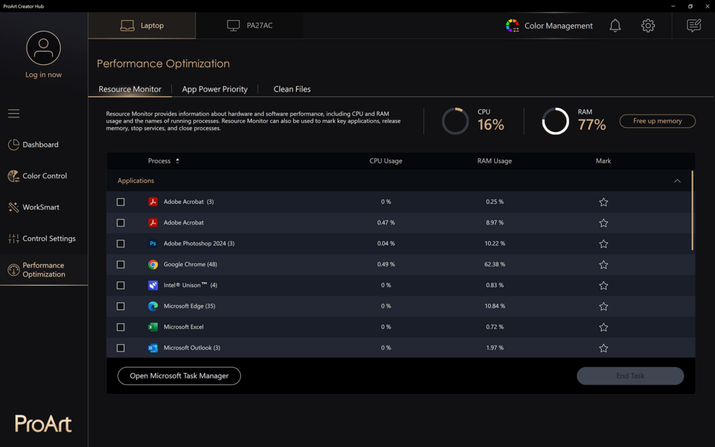 ProArt Creator Hub Resource monitor