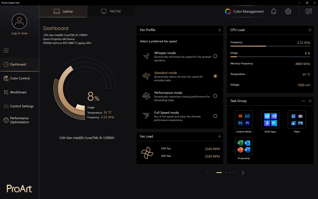 ProArt Creator Hub System dashboard