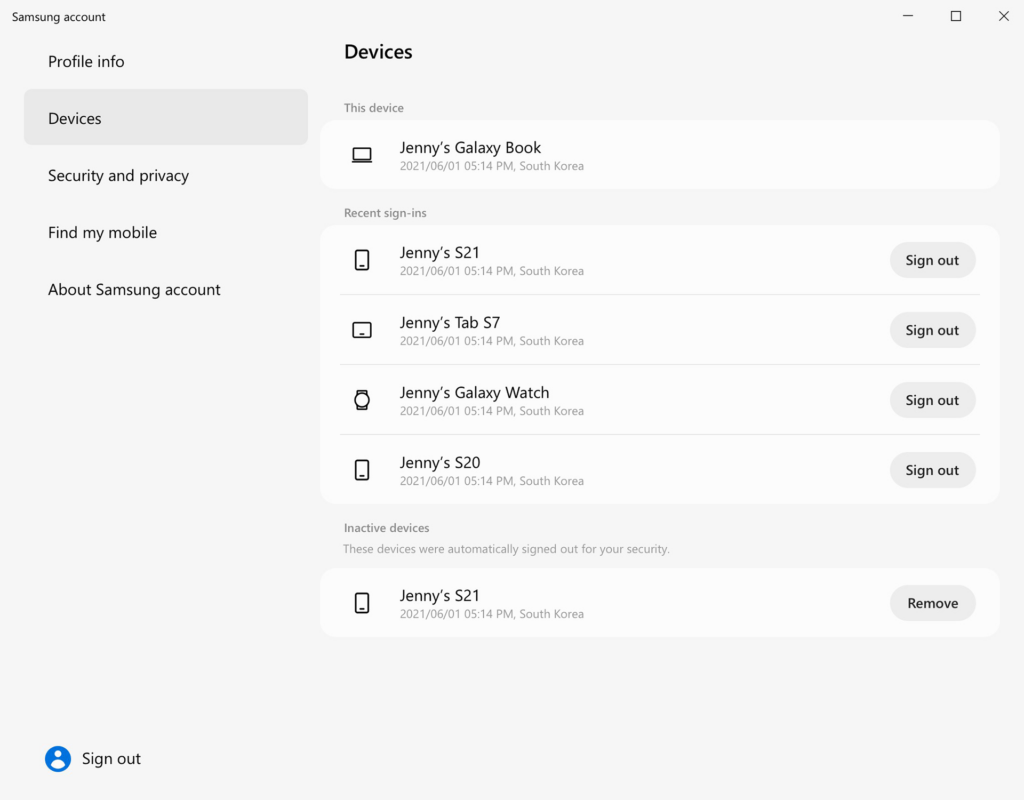 Samsung Account Connected devices