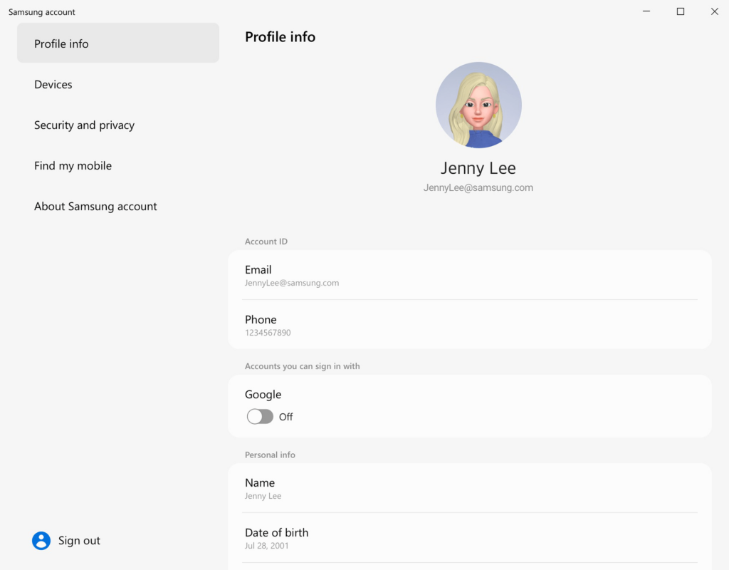 Samsung Account Personal details