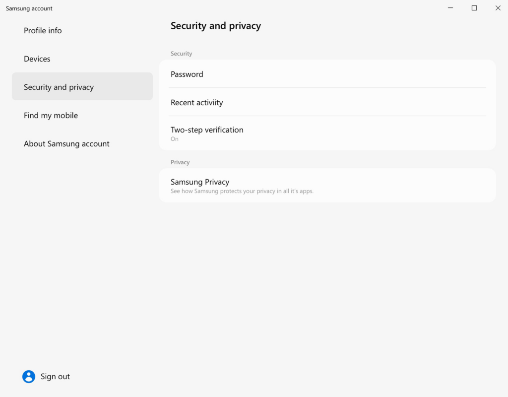 Samsung Account Security preferences