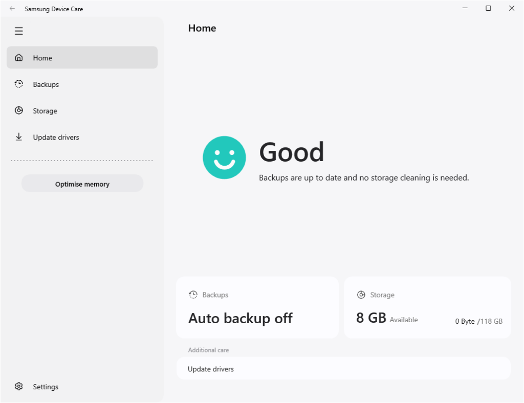 Samsung Device Care Home screen