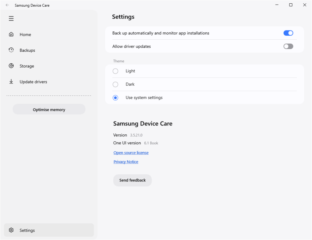 Samsung Device Care Program settings