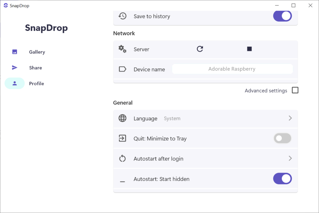 Snap Drop Program settings