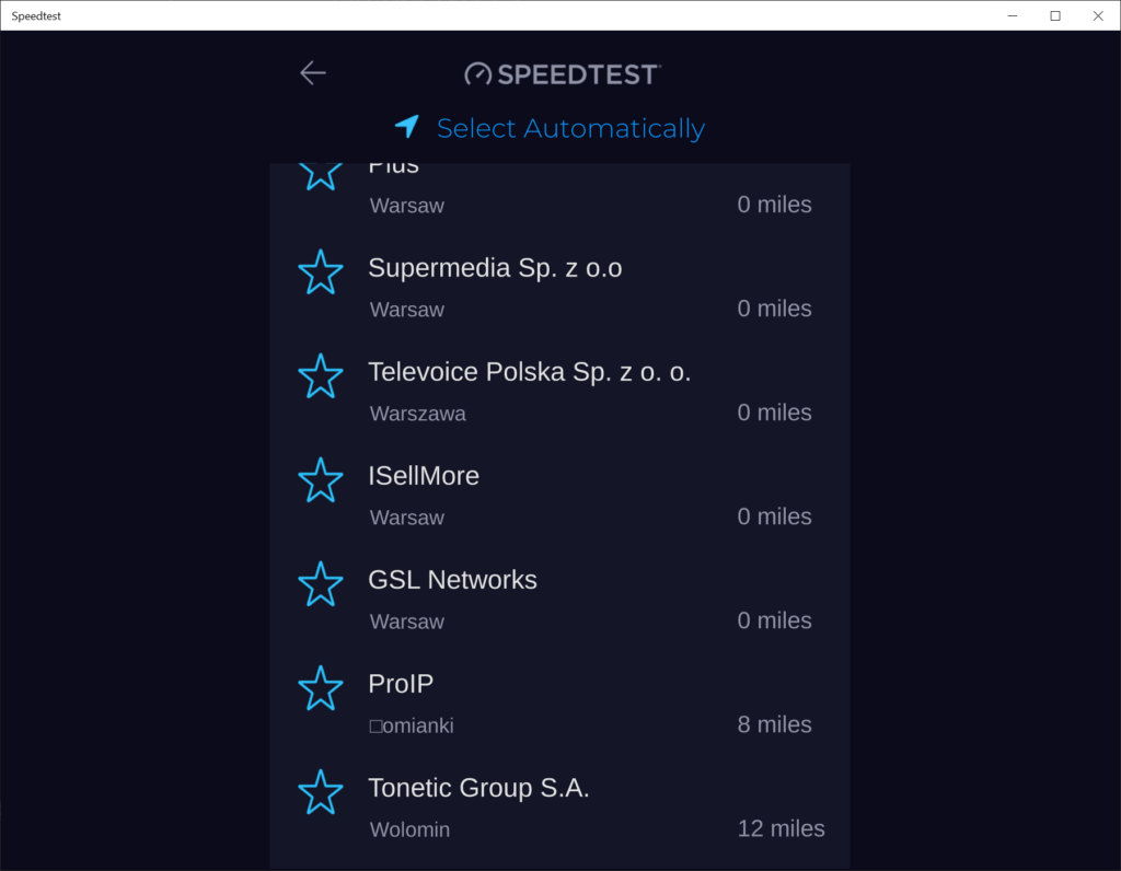 Speedtest by Ookla Manual server selection