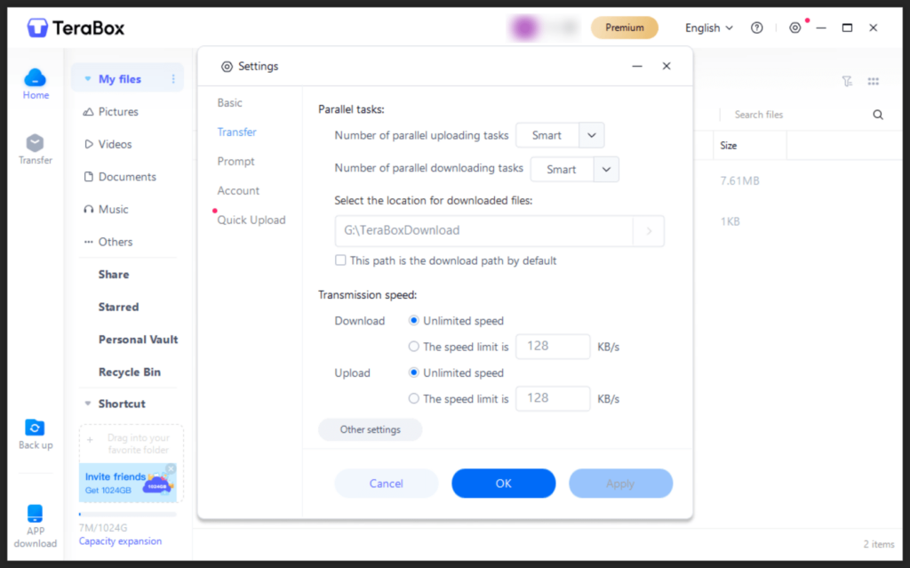 TeraBox Data transfer settings