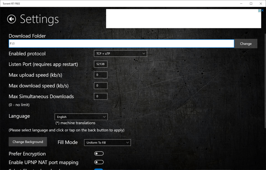 Torrent RT Program settings