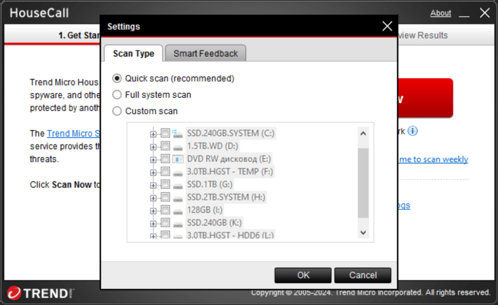 Trend Micro HouseCall Scan parameters