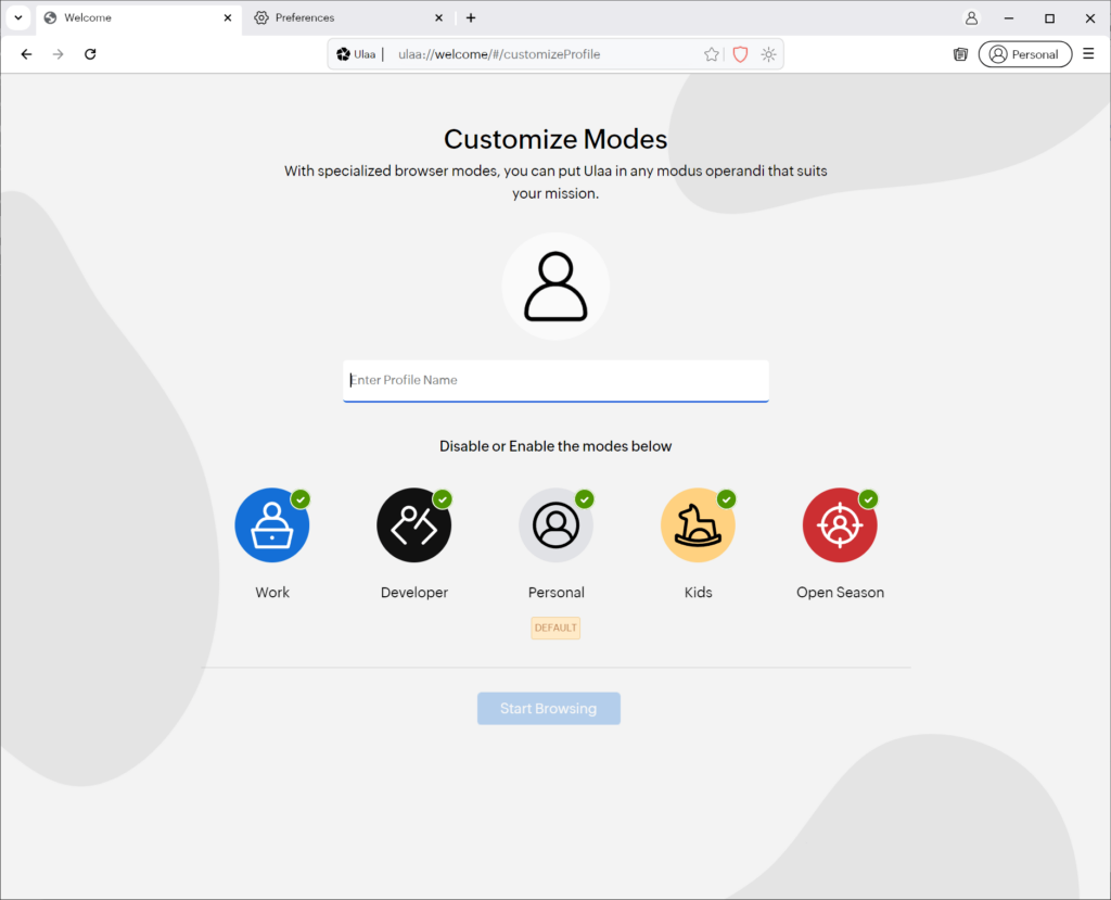 Ulaa Custom browsing modes