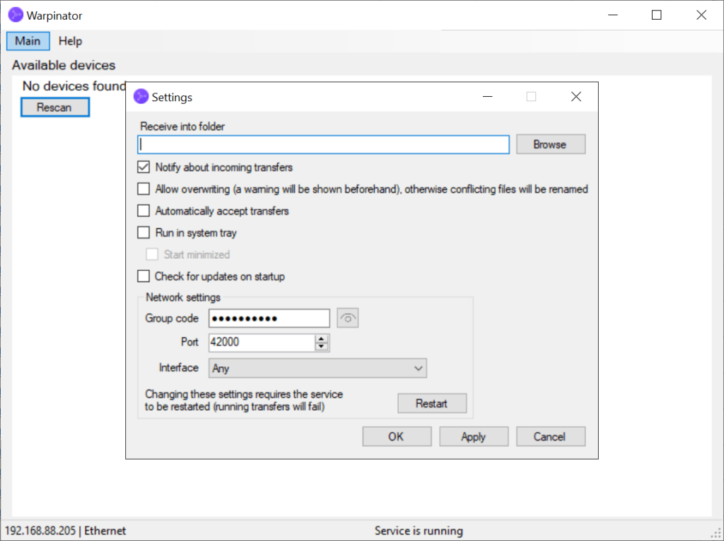 Warpinator Program configuration