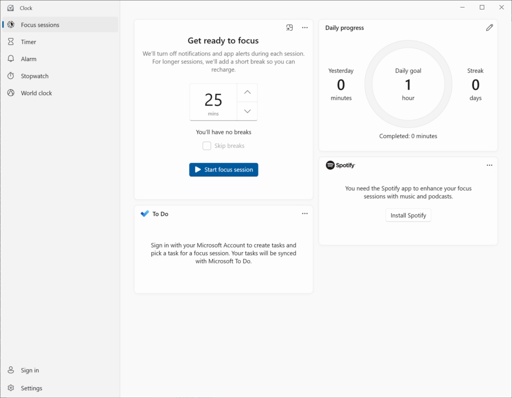 Windows Clock Focus sessions