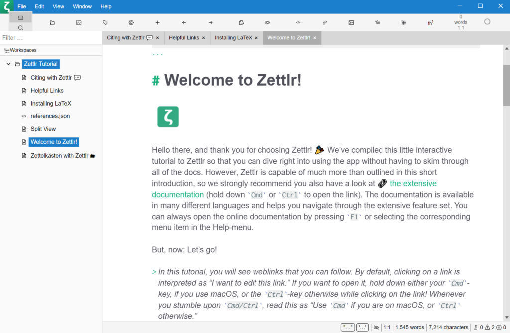 Zettlr Welcome page