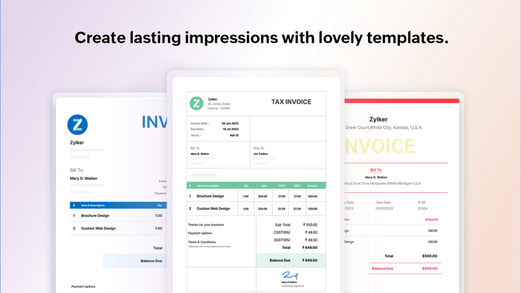 Zoho Invoice Document templates