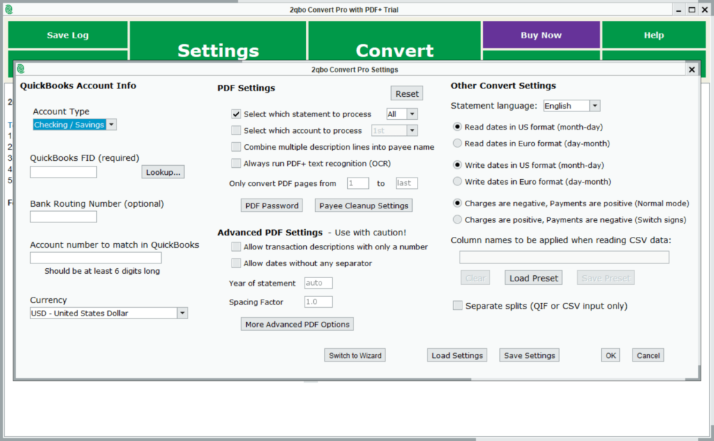 2qbo Convert Pro General settings