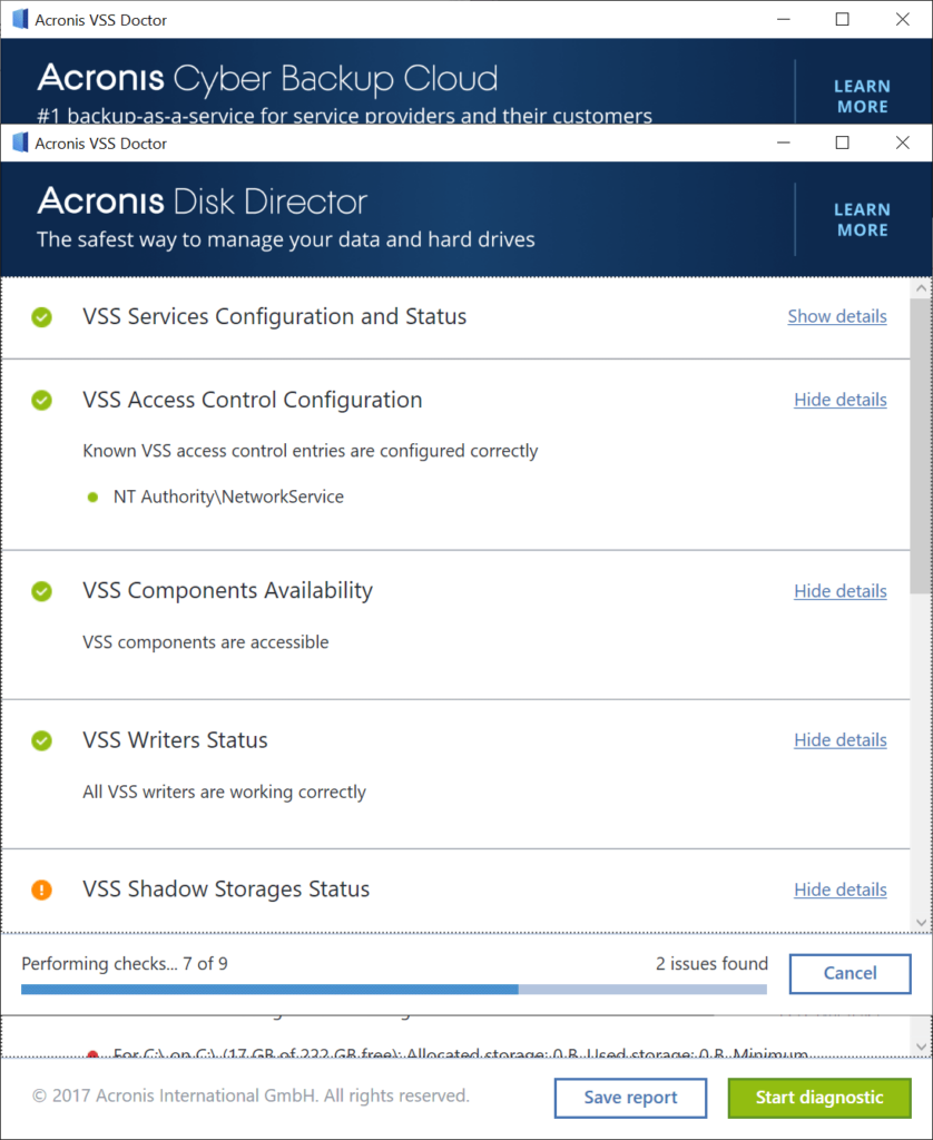 Acronis VSS Doctor Component descriptions