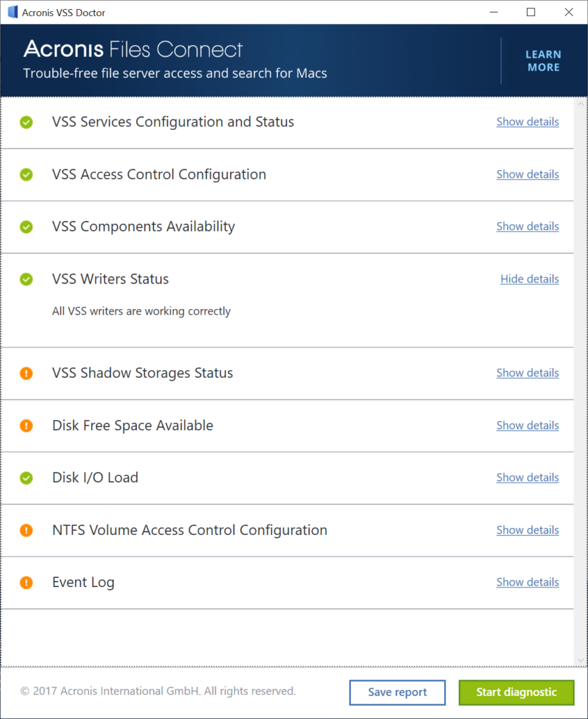 Acronis VSS Doctor Evaluation results