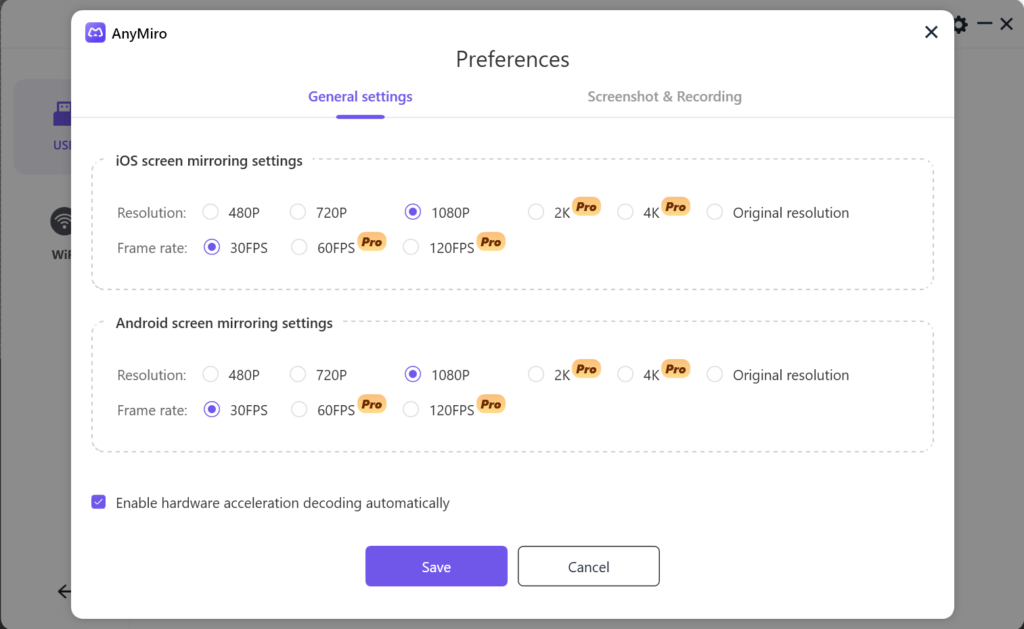 AnyMirror Quality settings